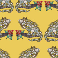 Vector seamless pattern with hand drawn iguana.
