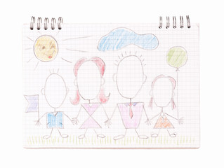 Family on the notebook sheet. Kids drawing happy parents with children holding hands.  Father, mother, son and daughter together on page notepad - isolated on white background.