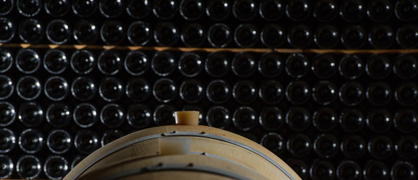 Underground wine cellar, Wooden barrels, bottles storage,