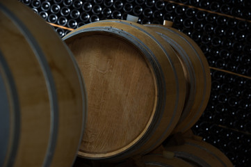 Underground wine cellar, Wooden barrels, bottles storage,