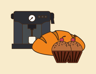 flat design coffee machine and pastry image vector illustration 
