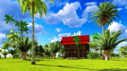 Fototapeta na wymiar Tropical beach house in the tropics 3d rendering