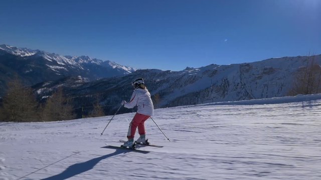 TS HD Slow-Mo: Teen Girl Skier on Ski Slope at Sunshine
