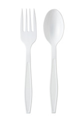 Plastic spoon and fork isolated on white background