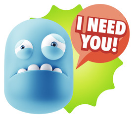 3d Illustration Sad Character Emoji Expression saying I Need you