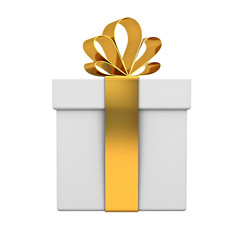 Gift box with gold ribbon bow isolated on white background 3D rendering