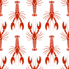 Vector seamless pattern with crayfishes or lobsters in orange red colors, white background. Simple flat design for textile, fabric, wrapping.