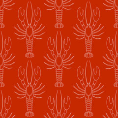 Vector seamless pattern with crayfishes or lobsters .silhouette in white color on red background. Simple flat design for textile, fabric, wrapping