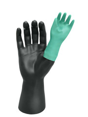 Hand of plastic mannequin doll with rubber protective glove.