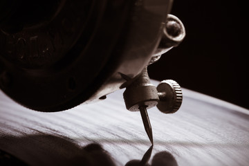 The old gramophone. Close up view. Selective focus. Shallow dept