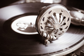 The old gramophone. Close up view. Selective focus. Shallow dept