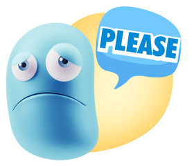 3d Illustration Sad Character Emoji Expression saying Please wit