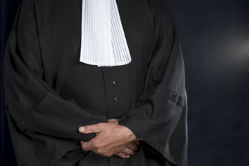 Lawyer in gown with jabot hands close up judge - obrazy, fototapety, plakaty
