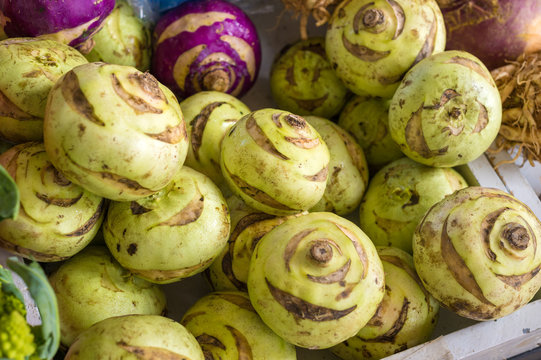 Carved Kohlrabi stems at the local market