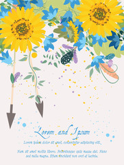 Illustration greeting hand-drawn sunflower floral background