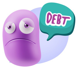 3d Illustration Sad Character Emoji Expression saying Debt with