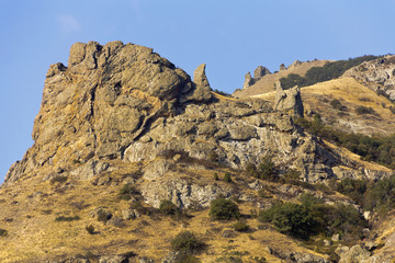 Interesting shapes of the rocks,formed by lava of an extinct volcano Kara-Dag.Crimea.