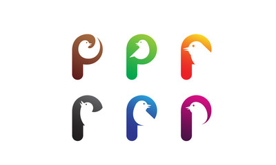 set icons bird P letter, vibrant and colorful