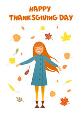 thanksgiving holiday, a beautiful girl on a bright autumn background.