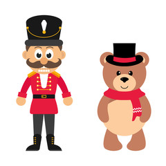 cartoon nutcracker and winter bear in hat on a white background