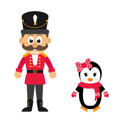 cartoon nutcracker and winter penguin on a white background