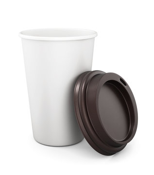 Plastic cup of coffee with an open lid on a white background. 3d