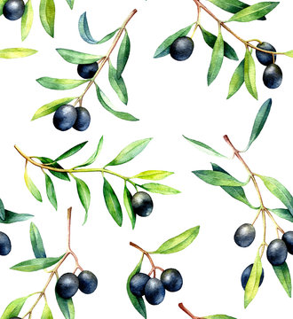 Seamless pattern with olive branches. Hand drawn watercolor illustration.