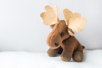 cute baby elk toy on white background