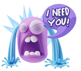 3d Illustration Sad Character Emoji Expression saying I Need you