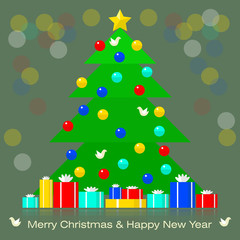 Christmas tree with decorations and gifts. blurred background
