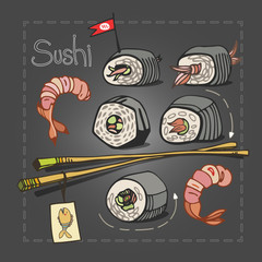 Sushi set with chopsticks on grey graphite background. Asian food. Vector illustration.