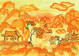 Fototapeta na wymiar Chinese landscape in orange, painting