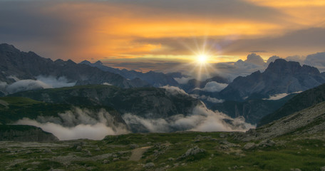 Panorama of beautiful sunset in Dolomities
