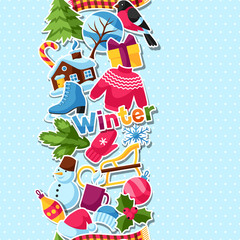 Seamless pattern with winter stickers. Merry Christmas, Happy New Year holiday items and symbols