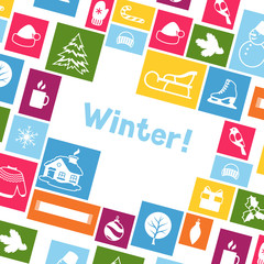 Background with winter objects. Merry Christmas, Happy New Year holiday items and symbols