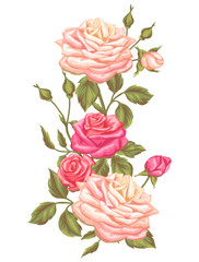 Floral element with vintage roses. Decorative retro flowers. Image for wedding invitations, romantic cards, booklets