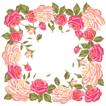 Frame with vintage roses. Decorative retro flowers. Image for wedding invitations, romantic cards, booklets