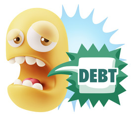 3d Illustration Sad Character Emoji Expression saying Debt with