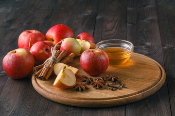 Ingredients for baking apple pie - honey and spices