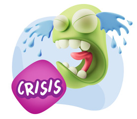3d Illustration Sad Character Emoji Expression saying Crisis wit