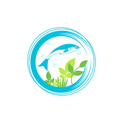 Blue fish in circle. Aquaponics System with Fish icon, logo