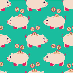 Seamless pattern of piggy bank and coins