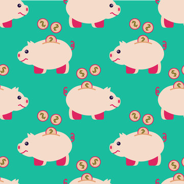 Seamless pattern of piggy bank and coins © trihubova