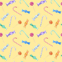 seamless pattern with sweets, candy, lollipop and caramel.watercolor hand drawn illustration.yellow background.