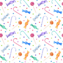 seamless pattern with sweets, candy, lollipop and caramel.watercolor hand drawn illustration.white background.