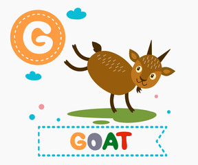 Hand drawn letter G and funny cute goat