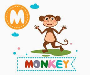 Hand drawn letter M and funny cute monkey