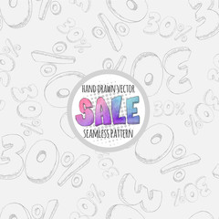 Hand drawn sketch style sale seamless pattern. Thirty percent (30%) discount. Doodles vector pattern.