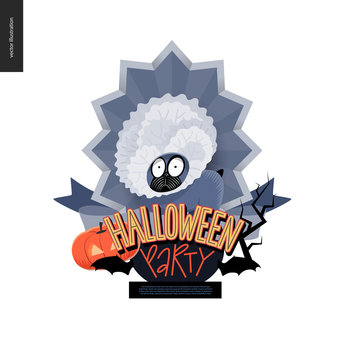 Halloween Party composed sign emblem invitation. Flat vectror cartoon illustrated design of a french bulldog in center of striped shield, bats, pumpkin jack-o-lantern, ribbon, lettering