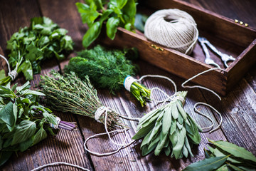 fresh herbs on wooden table